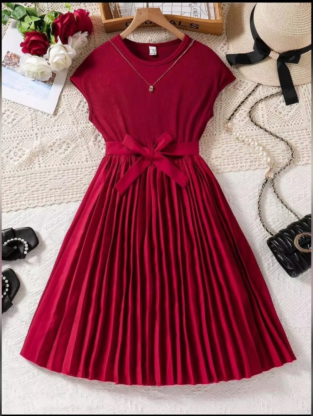 Elegant Red Pleated Midi Dress with Waist by Shein Size 10